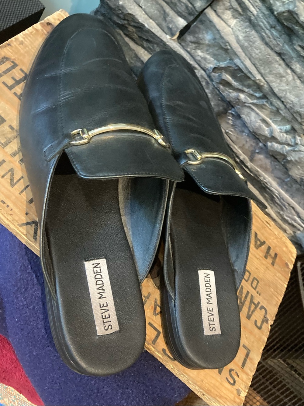 Steve Madden Black Leather Slip-On Mules with Gold Bit